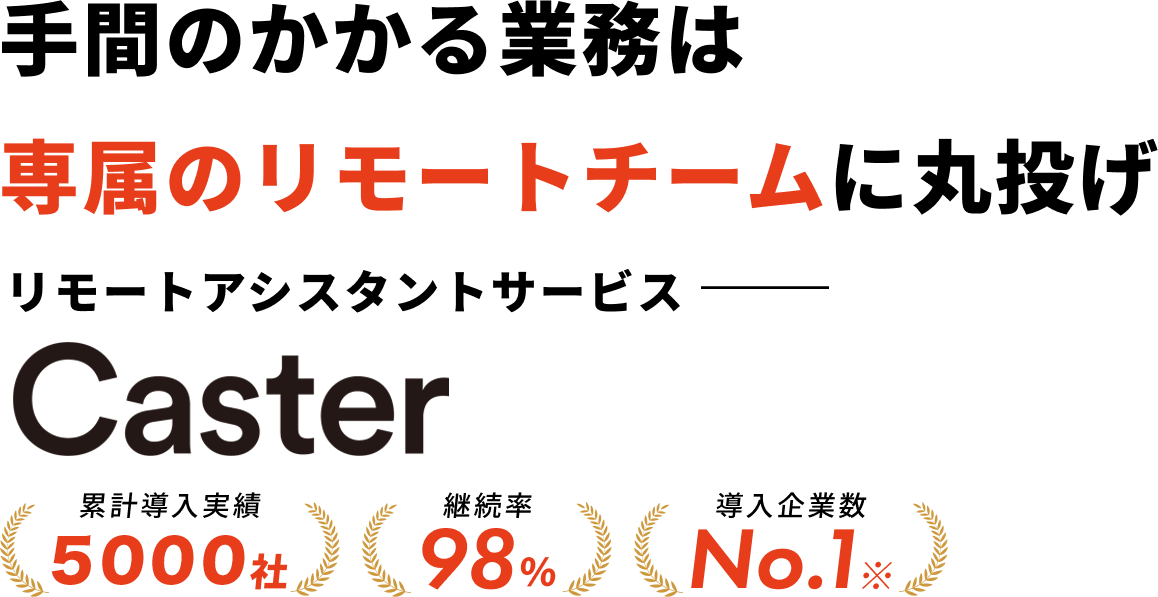 累計導入実績5000社。継続率98%。導入企業数No1のリモートアシスタントサービス『CASTER BIZ assistant』。手間のかかる業務は専属のリモートチームに丸投げ